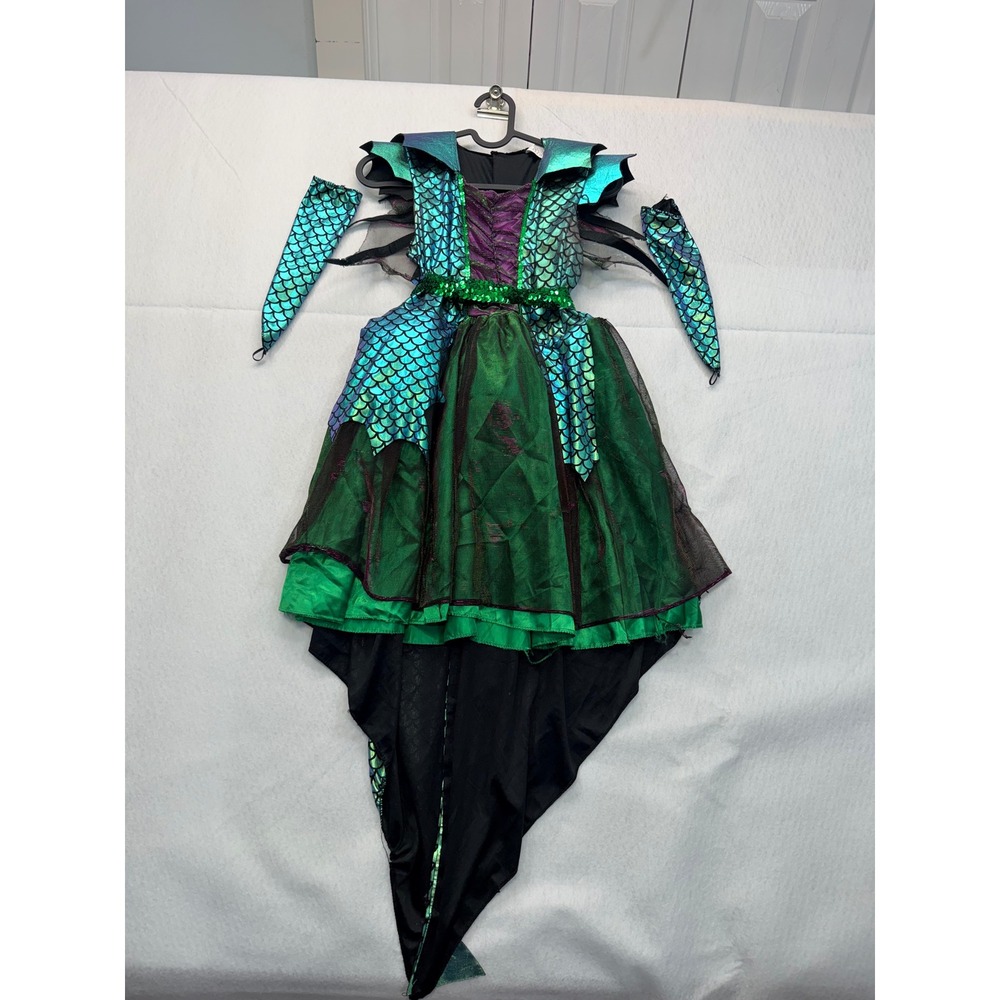 Large Iridescent Teal Scale Dragon Mermaid Costume High Low Dress with Gauntlets